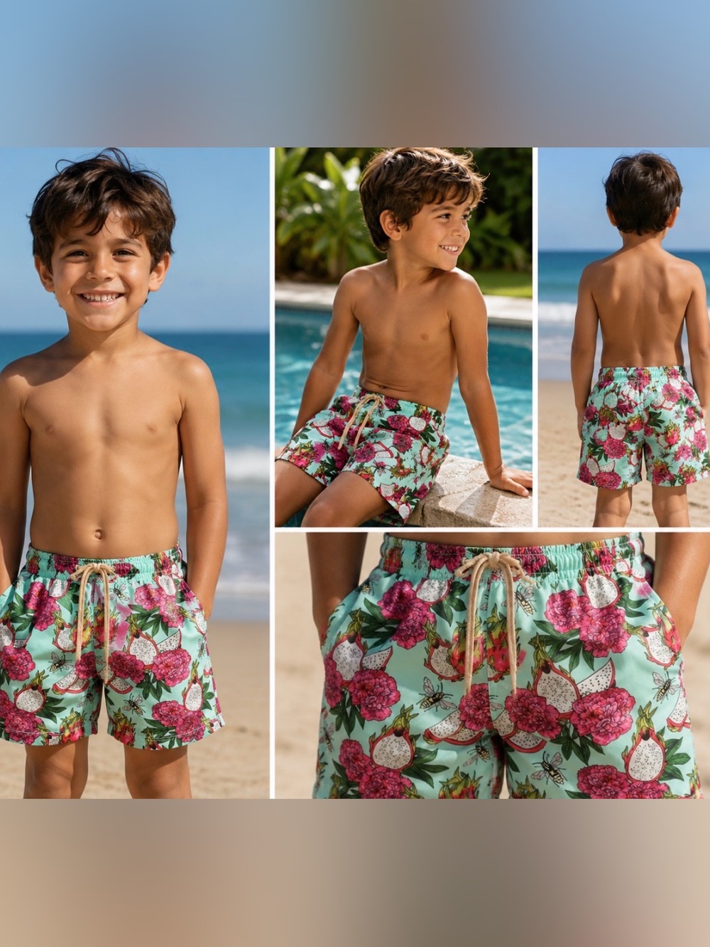 Lia Sahara - Kids Mint Floral & Dragon Fruit Swim Trunks
